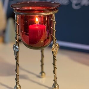 Vintage Mexican Ruby Glass Votive Holder With Intricate Brass Leafing 7” Tall